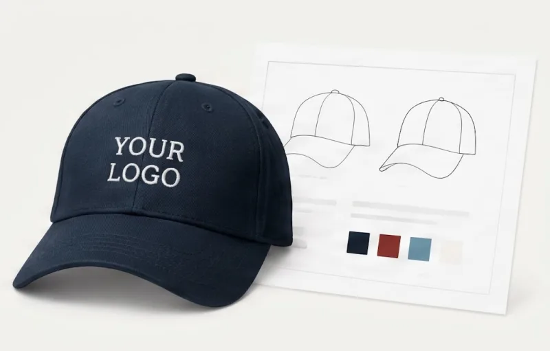 Navy cap embroidered with a sample logo beside a design sheet