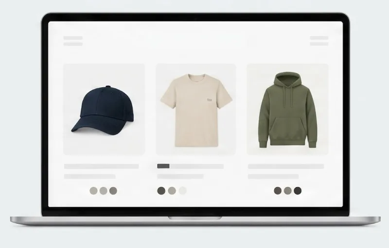 Laptop showing a catalogue of a cap, t-shirt and hoodie