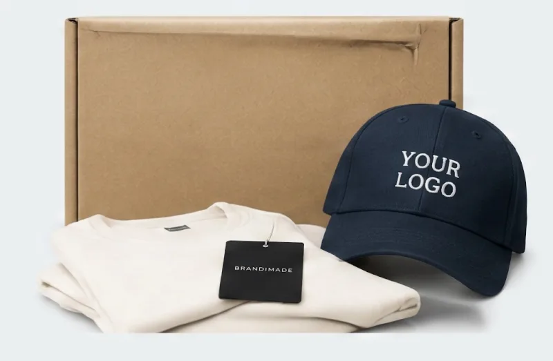 Branded cap and folded t-shirt packed with a Brandi Made delivery box